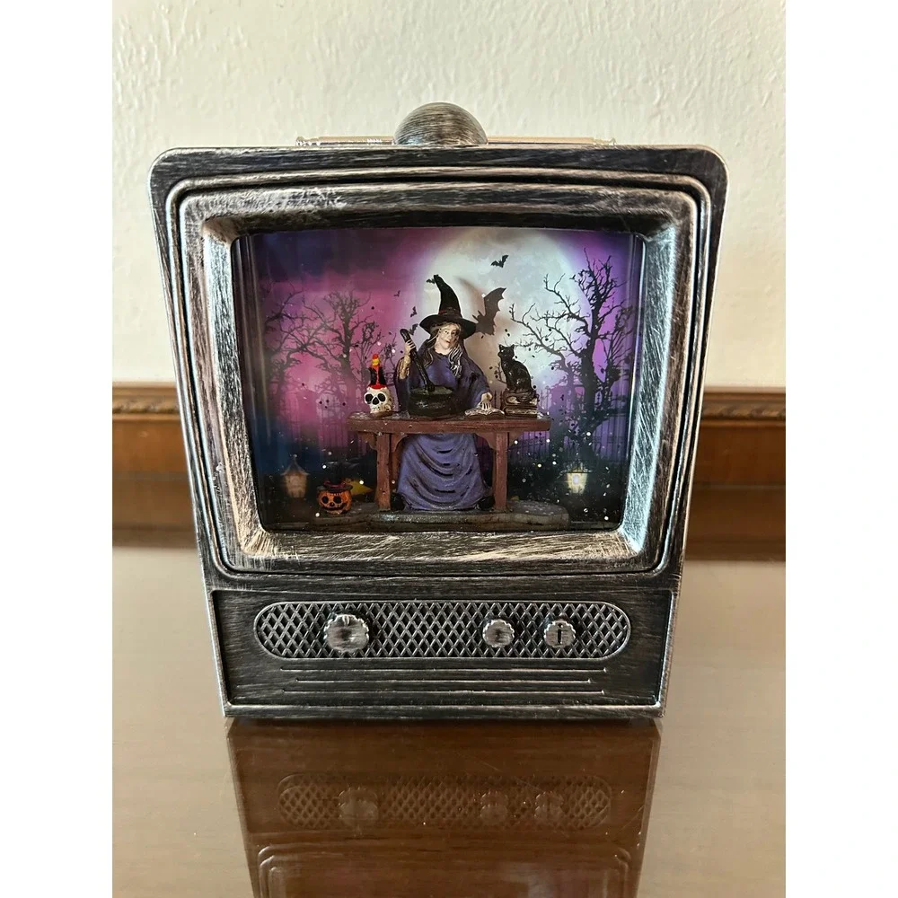 Cracker Barrel Halloween Witch TV Glitter Globe Light Up Retro Television 7x6